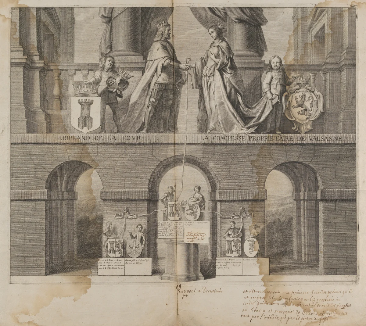 Proof impression with Corrections and Instructions of a Print celebrating the Union and Lineage of Eriprand de la Tour with the Comtesse de Valsasine by anonymous, print, 1600-1699