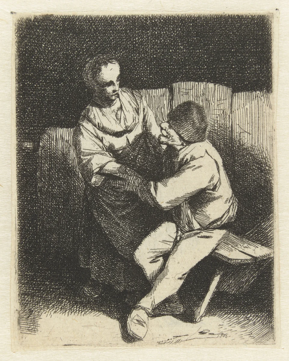 Vrouw wijst toenadering van man af by Cornelis Pietersz. Bega, print, 1642-1664