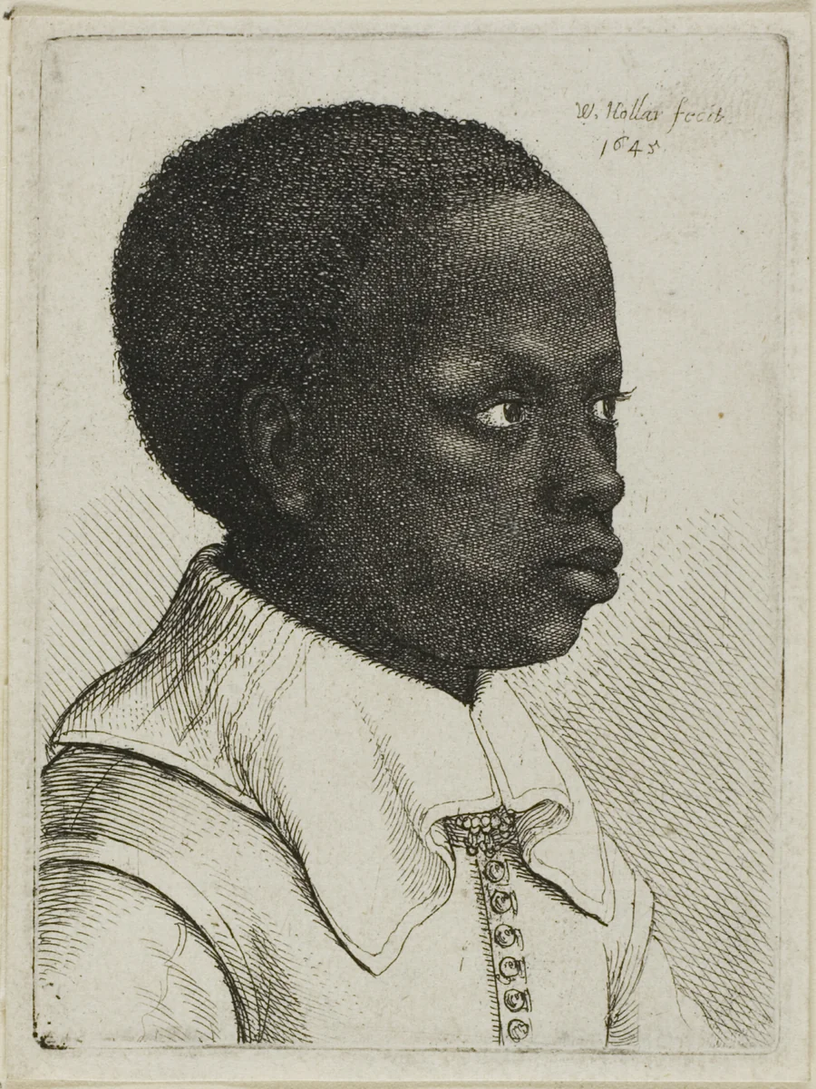 Head of a Young Black Boy in Profile to Right by Wenceslaus Hollar, print, 1645