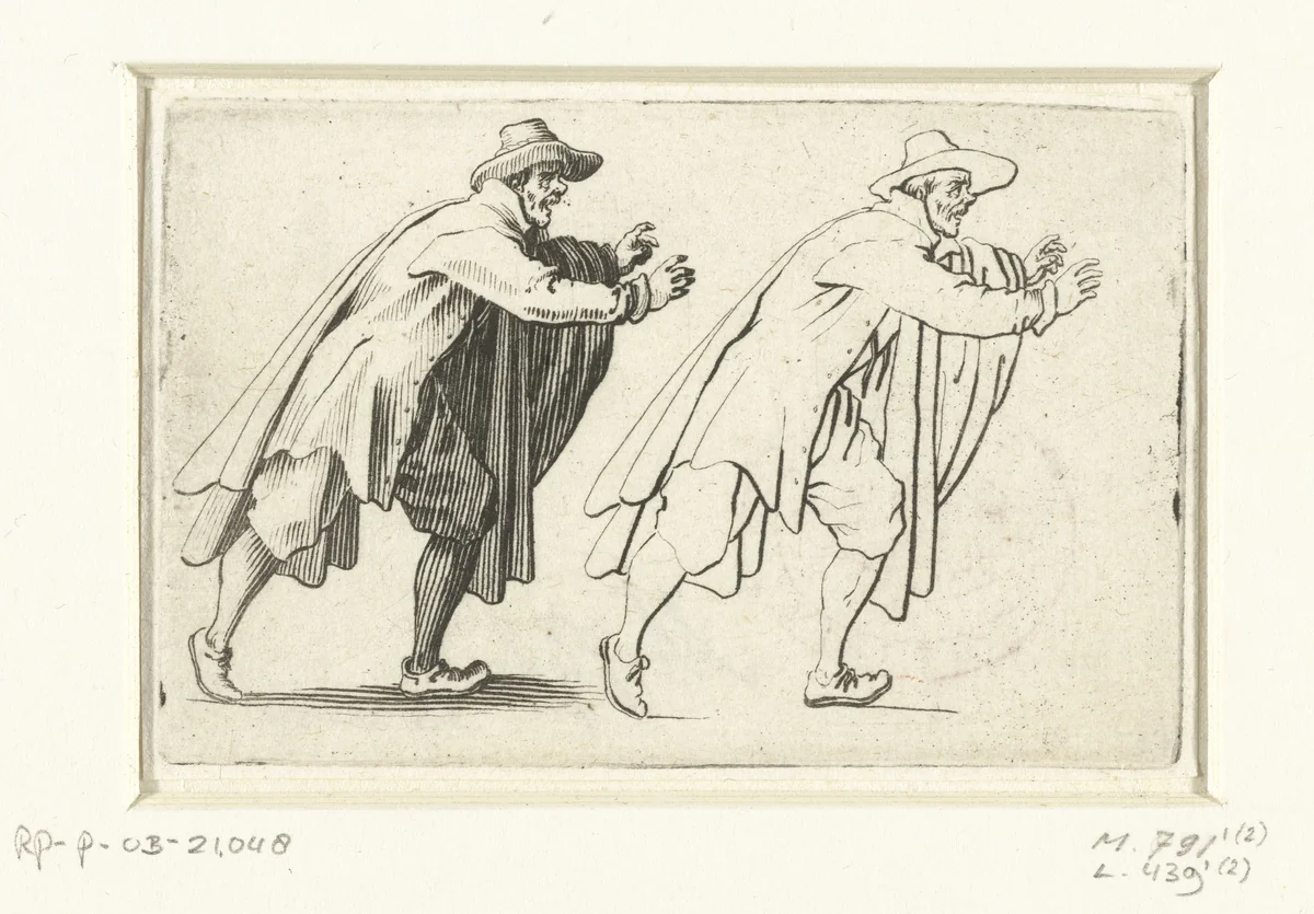 Tweemaal dezelfde rennende man, op de rechterzijde gezien by Jacques Callot, print, 1621