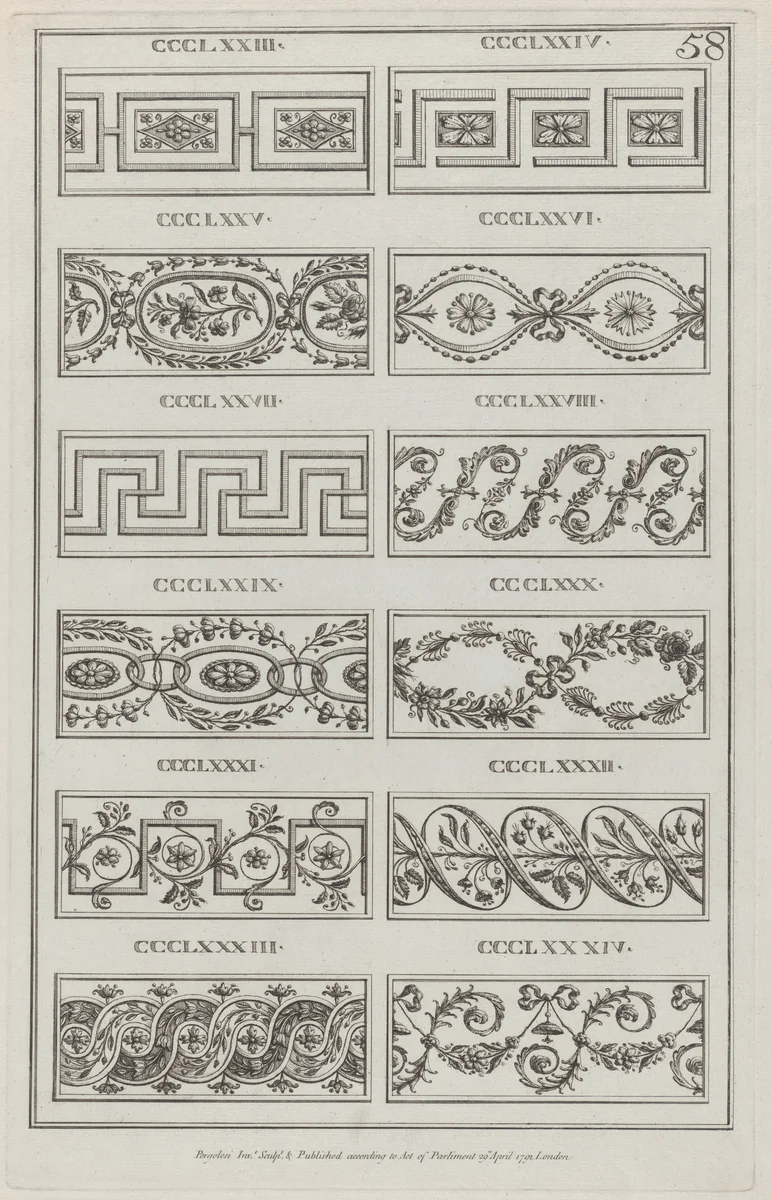 Panels of Ornament, nos. CCCLXXIII–CCLXXXIV, plate 58 from "Designs for Various Ornaments" by Michelangelo Pergolesi, print, 1791