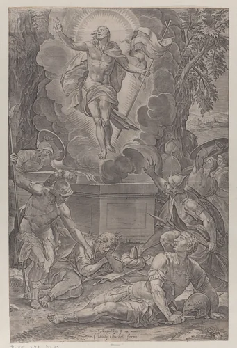 The Resurrection of Christ, with soldiers awakening before the tomb by Martino Rota, print, 1565-1583