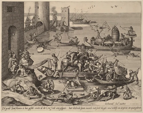 Saint Martin with His Horse in a Ship by Lucas van Doetechum, print, 1556-1566