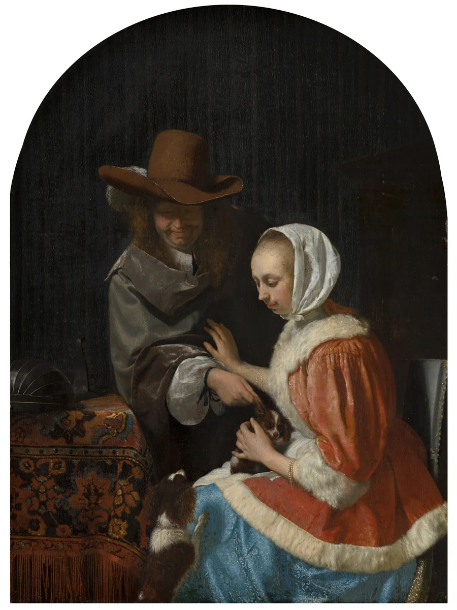 Man and Woman with Two Dogs, known as 'Teasing the Pet' by Frans van Mieris the Elder, painting, 1660