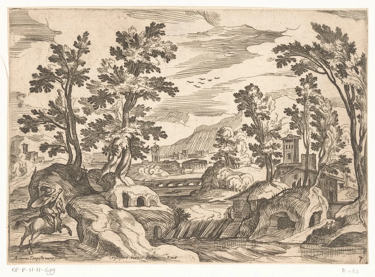 Landschap met rivier en man te paard by Unknown, print, 1593-1619