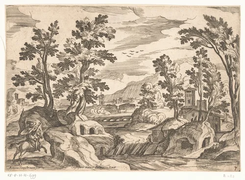 Landschap met rivier en man te paard by Unknown, print, 1593-1619