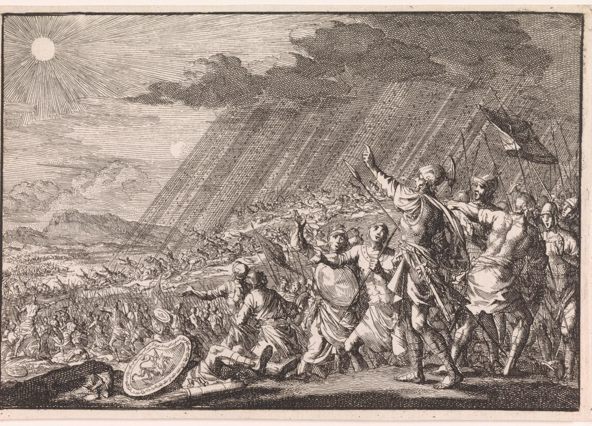 Slag van Gibeon by Jan Luyken, print, 1703