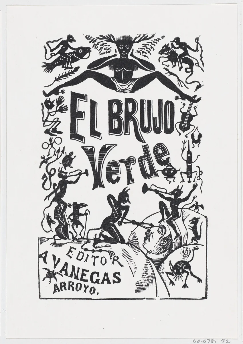 Demons troubling a sick man in bed, illustration for 'El Brujo Verde (The Green Magician)' by José Guadalupe Posada, print, 1875-1885