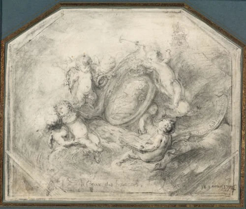 A Portrait Medallion of King Louis XV Surrounded by Putti Carrying the Attributes of Fame and History by Gabriel Jacques de Saint-Aubin, print, 1774