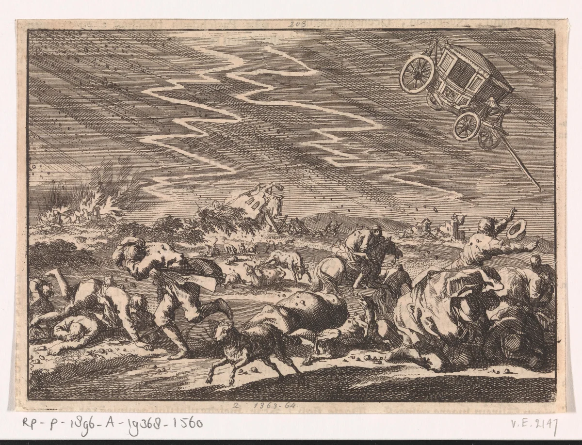 Zwaar onweer te Donsenhausen in Thuringen, 1674 by Jan Luyken, print, 1698