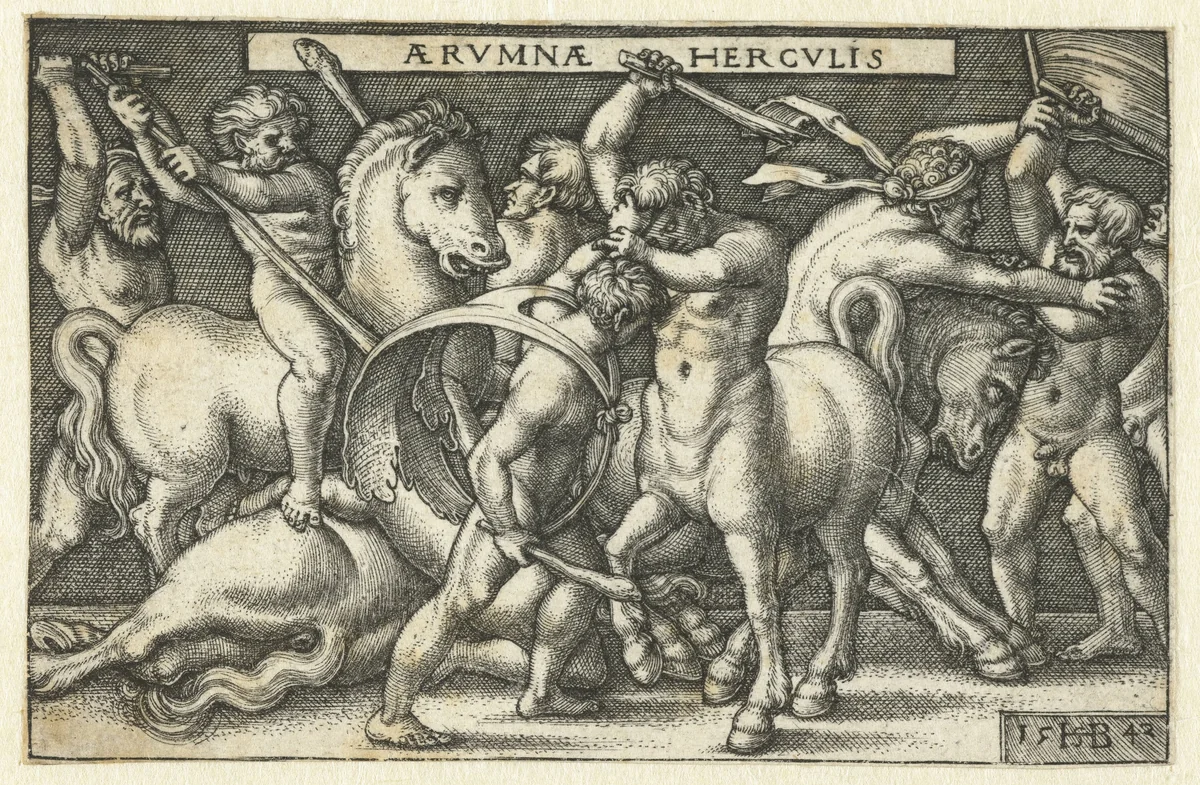 Hercules in gevecht met centaurs by Hans Sebald Beham, print, 1542