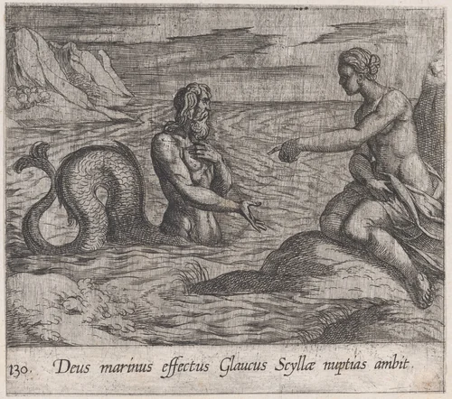 Plate 130: Scylla and Glaucus (Deus marinus effectus Glaucus Scyllae nuptias ambit), from Ovid's 'Metamorphoses' by Antonio Tempesta, print, 1606