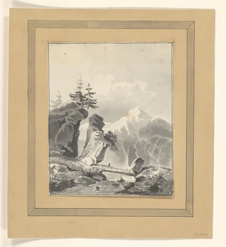 Berglandschap met houten brug over een rivier by Johannes van Reijn, drawing, 1846