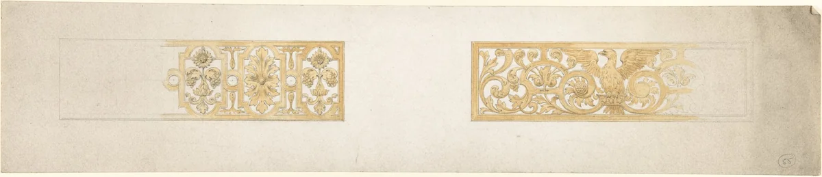 Two Rectangular Ornaments with Strapwork, Foliage and an Eagle by John Gregory Crace, drawing, 1825-1900