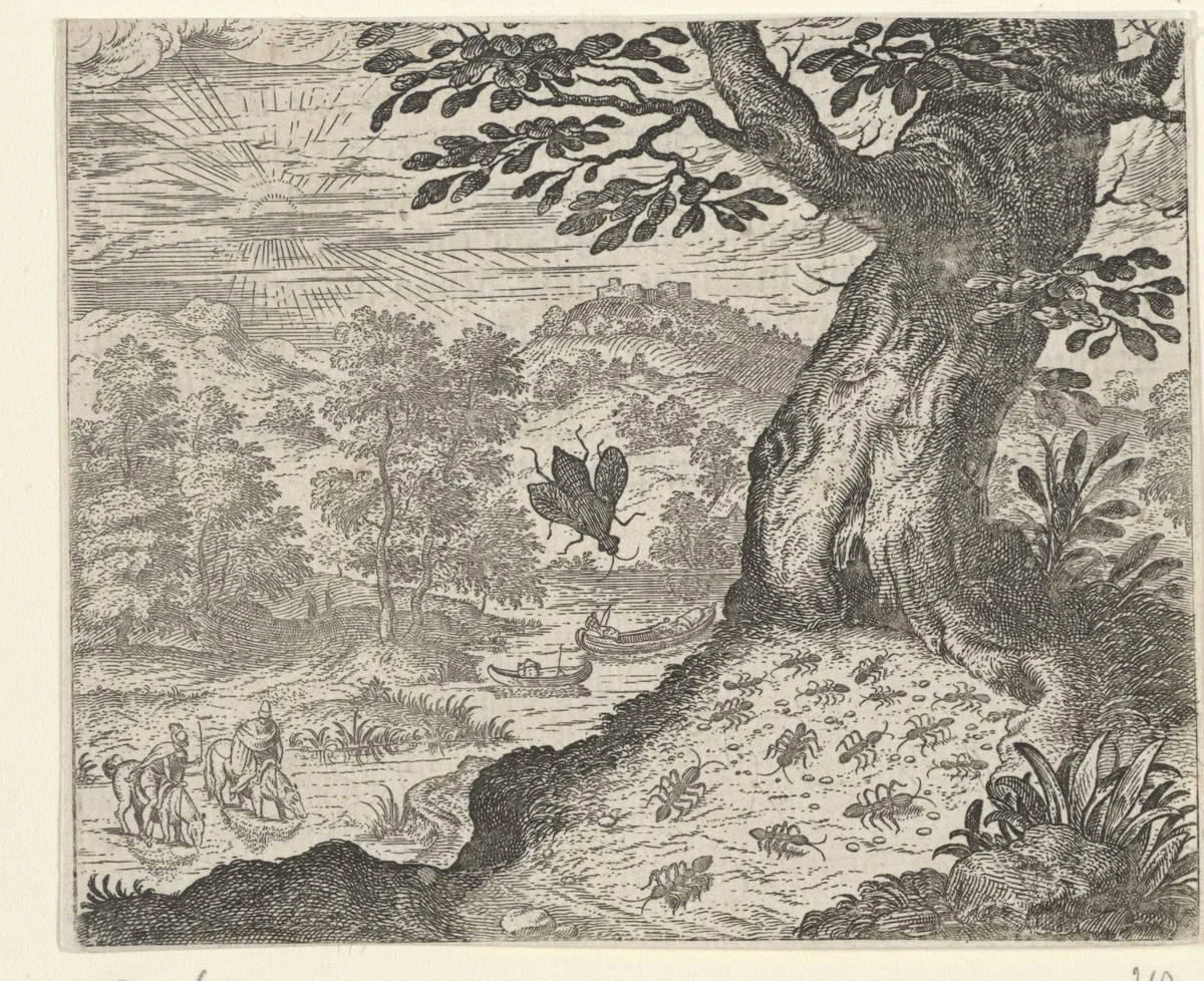 Fabel van de vlieg en de mieren by Aegidius Sadeler, print, 1608