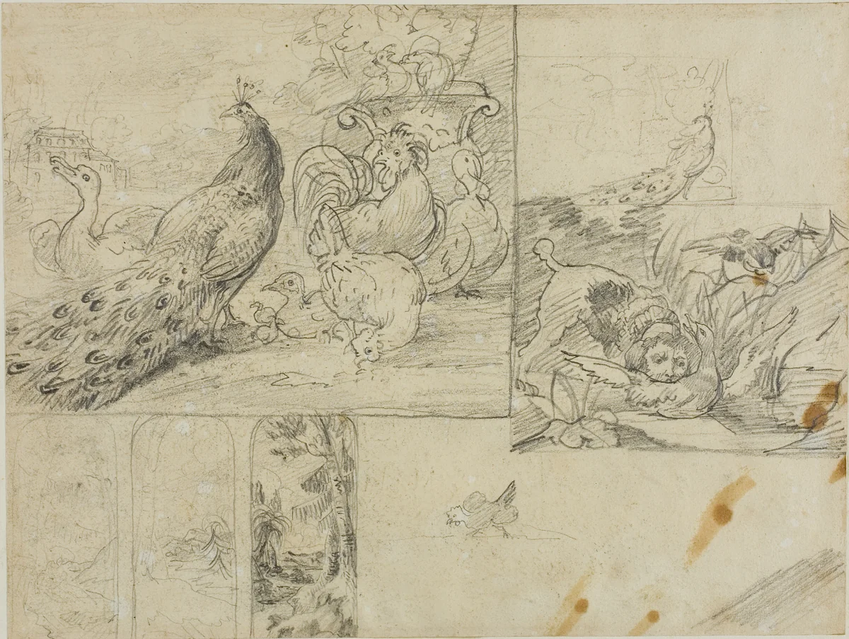 Sketches of Decorative Landscape and Animal Compositions by Jean Louis André Théodore Géricault, drawing, 1813-1814