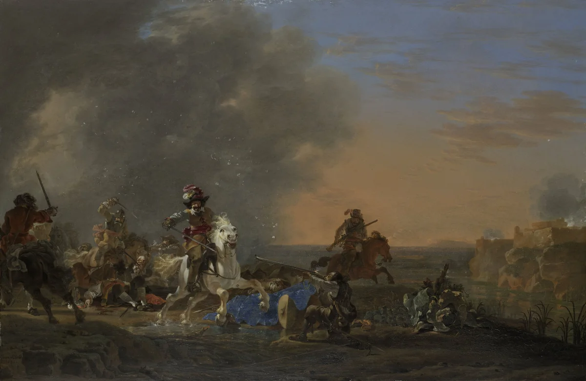Cavalry Attack at Sunset by Jan Asselijn, painting, 1646