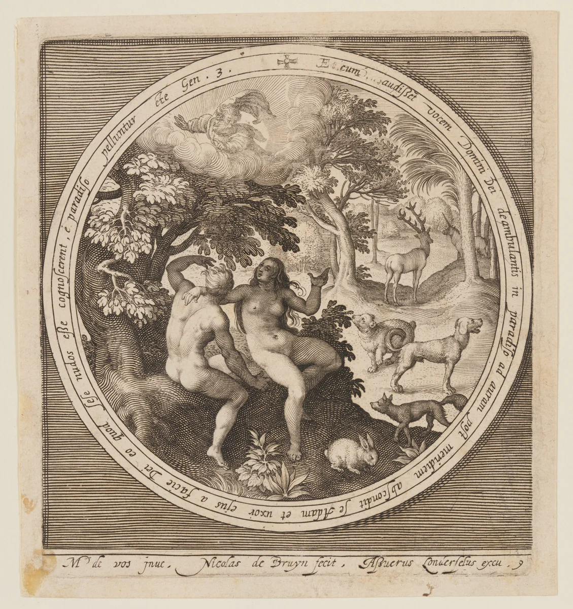 Adam and Eve hiding from the Lord, from The Creation to the Expulsion from Paradise by Nicolaes de Bruyn, print, 1605-1615