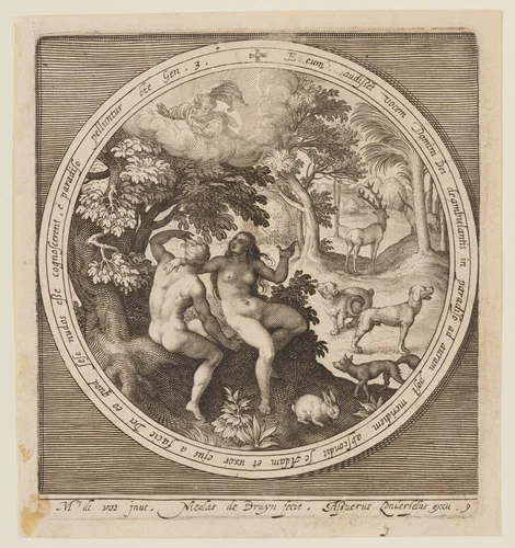 Adam and Eve hiding from the Lord, from The Creation to the Expulsion from Paradise by Nicolaes de Bruyn, print, 1605-1615