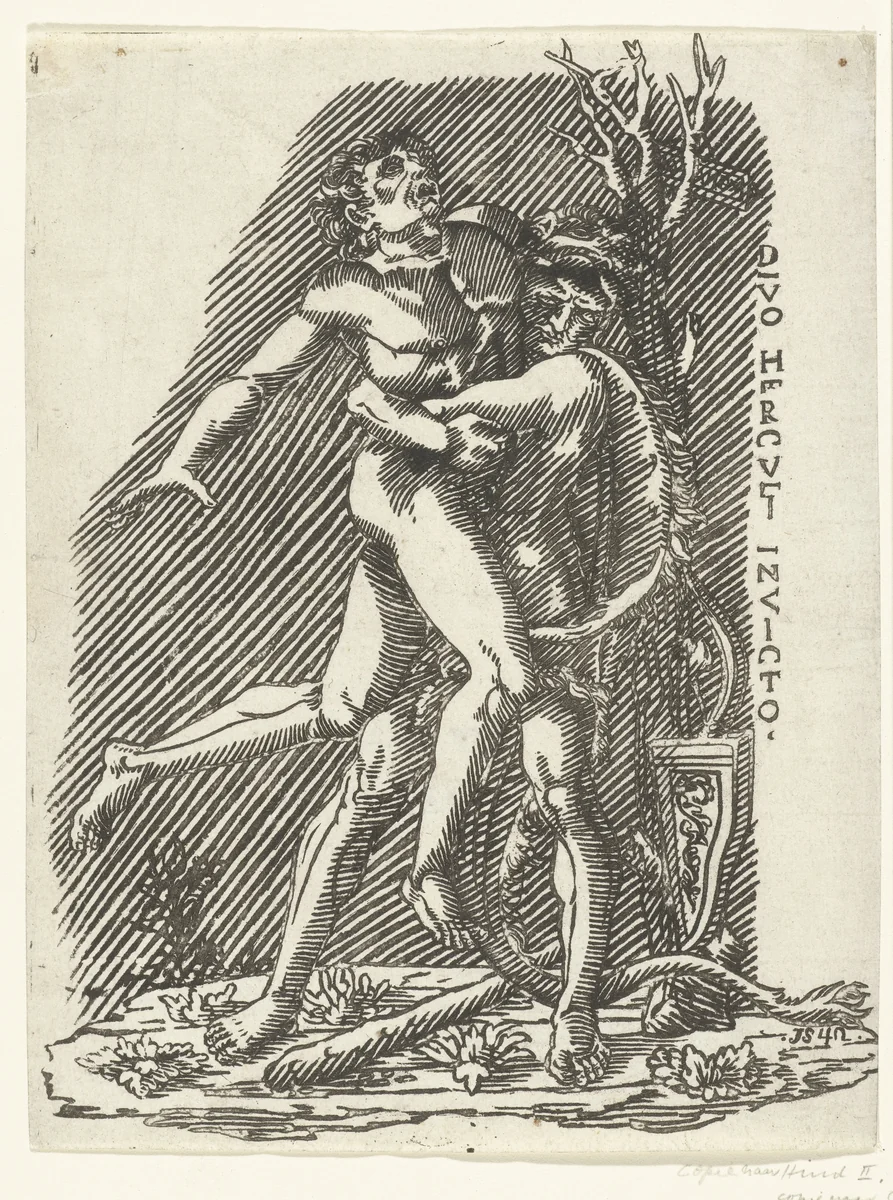 Hercules en Antaeus by anonymous, print, 1700-1824