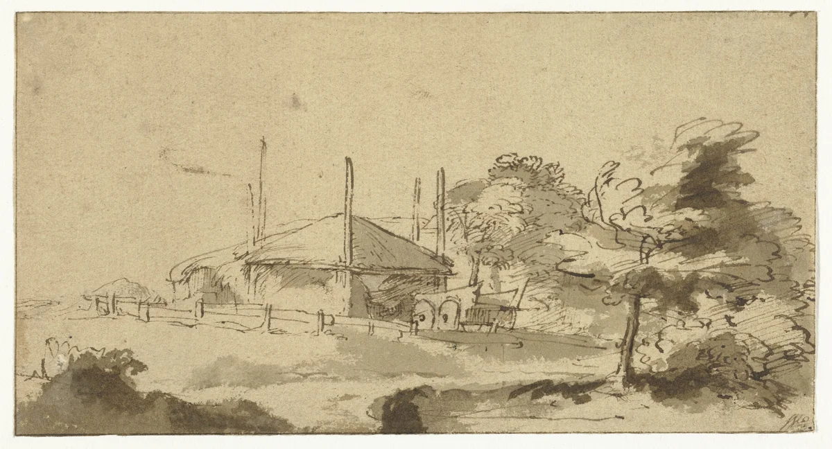 Landscape with a Haystack and Cart in a Farmyard by anonymous, drawing, 1640-1650