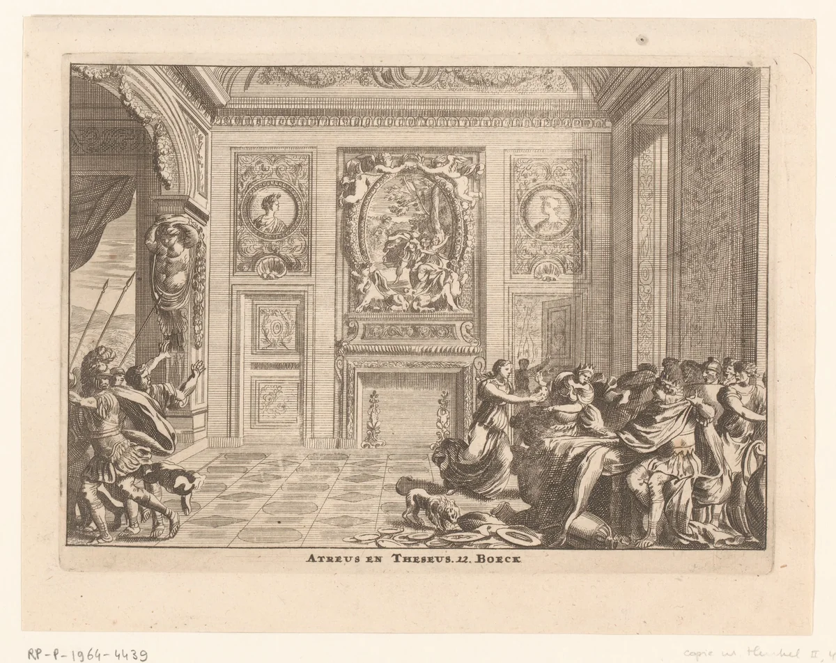 Procne toont het hoofd van Itys aan Tereus by anonymous, print, 1628-1682