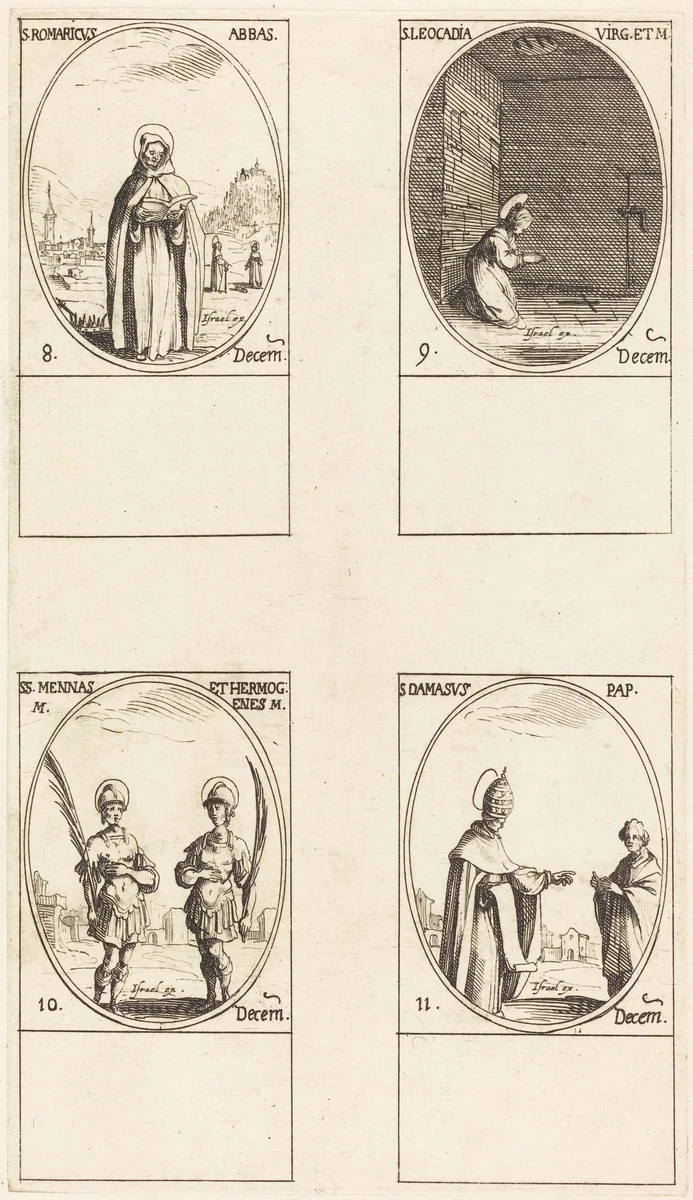 St. Romaricus; St. Leocadia; Sts. Mennas and Hermogenes; St. Damasus by Jacques Callot, print, 1627-1637