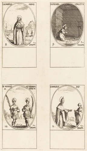 St. Romaricus; St. Leocadia; Sts. Mennas and Hermogenes; St. Damasus by Jacques Callot, print, 1627-1637