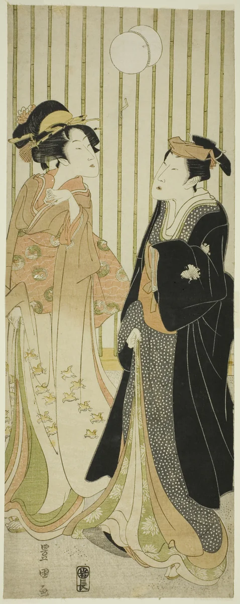 The actor Segawa Kikunojo and a young woman kicking a ball by Utagawa Toyokuni I (初代 歌川 豊国), print, 1793-1803