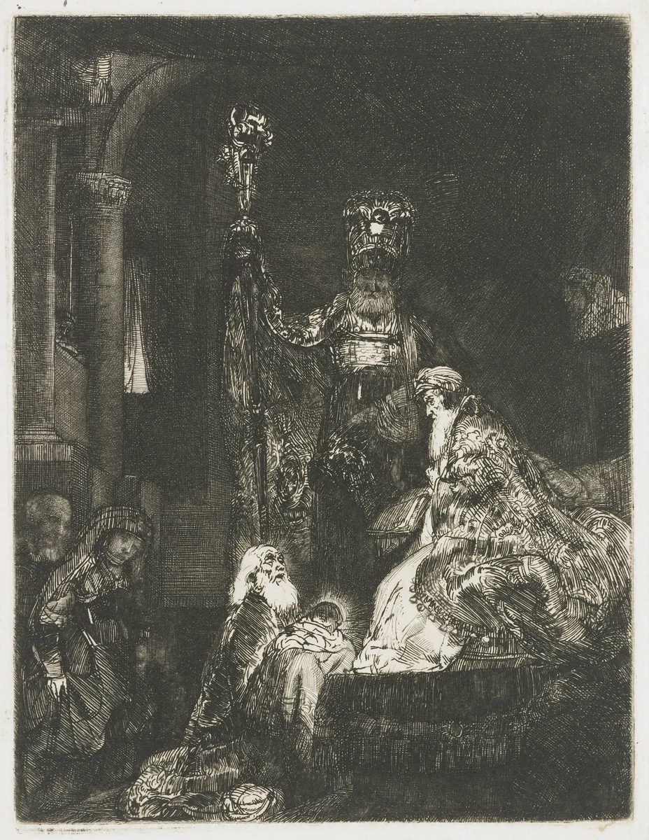 The presentation in the temple in the dark manner by Rembrandt van Rijn, print, 1654