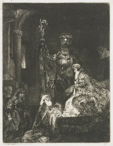 The presentation in the temple in the dark manner by Rembrandt van Rijn, print, 1654
