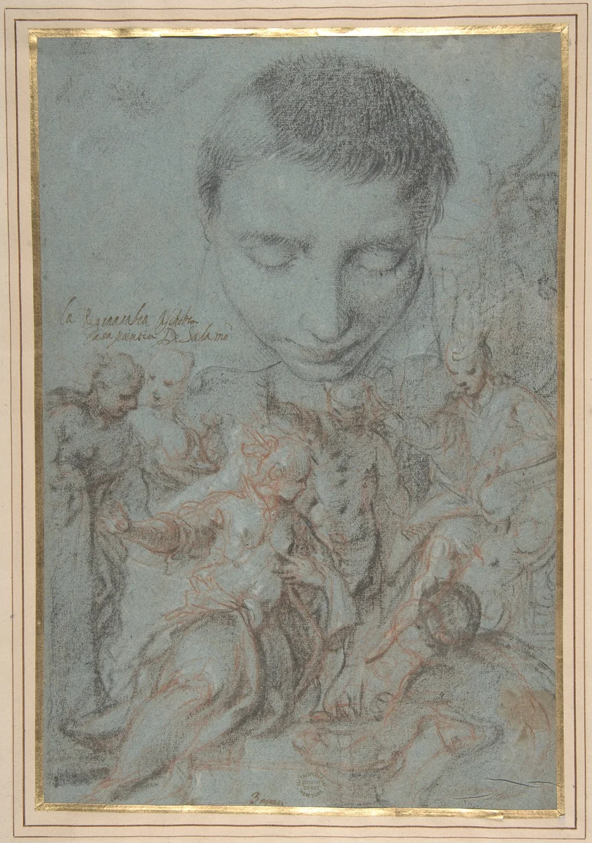 Study of Boy's Head; the Queen of Sheba Before Solomon by Antonio Vassilacchi, drawing, 1580-1594