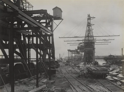 Cristobal Coaling station. View looking north from southend under end of Unloader wharf by Unidentified Photographer, photograph, 1915