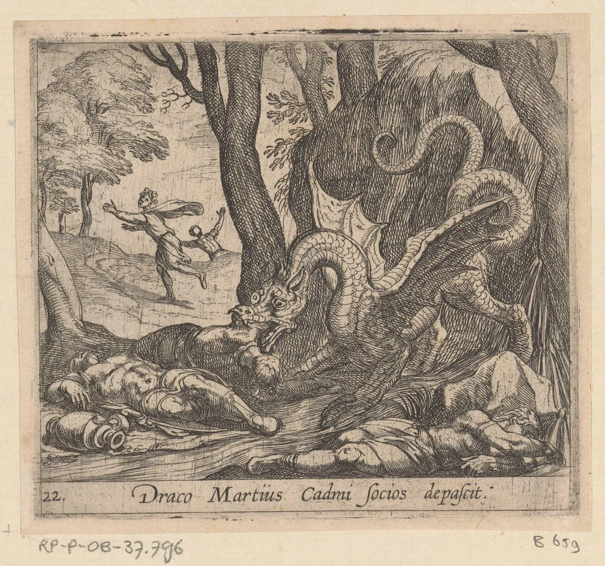 Metgezellen van Cadmus door een draak verslonden by Antonio Tempesta, print, 1606