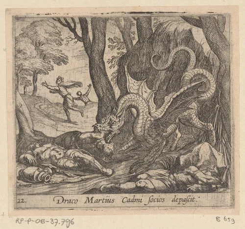 Metgezellen van Cadmus door een draak verslonden by Antonio Tempesta, print, 1606