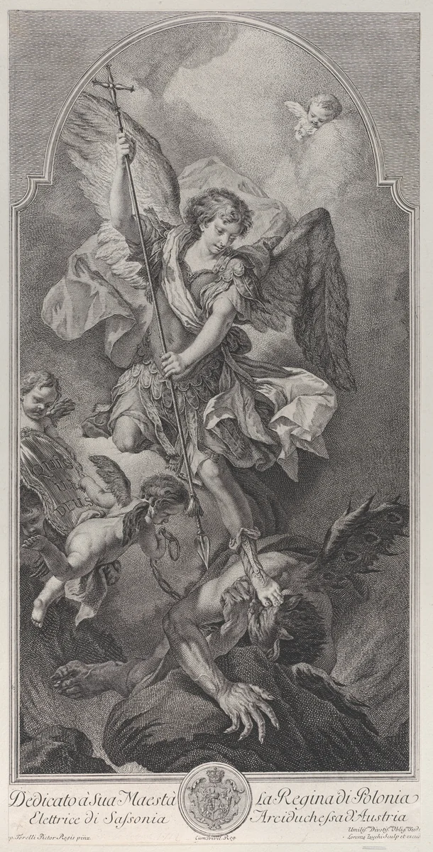 The Archangel Michael defeats Satan by Lorenzo Zucchi, print, 1725-1779