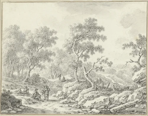 Rustende en wandelende personen in boomrijk landschap by Johann Christoph Dietzsch, drawing, 1720-1769
