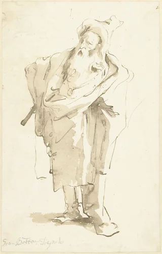 Oude man met staf en puntmuts by Giovanni Battista Tiepolo, drawing, 1706-1770
