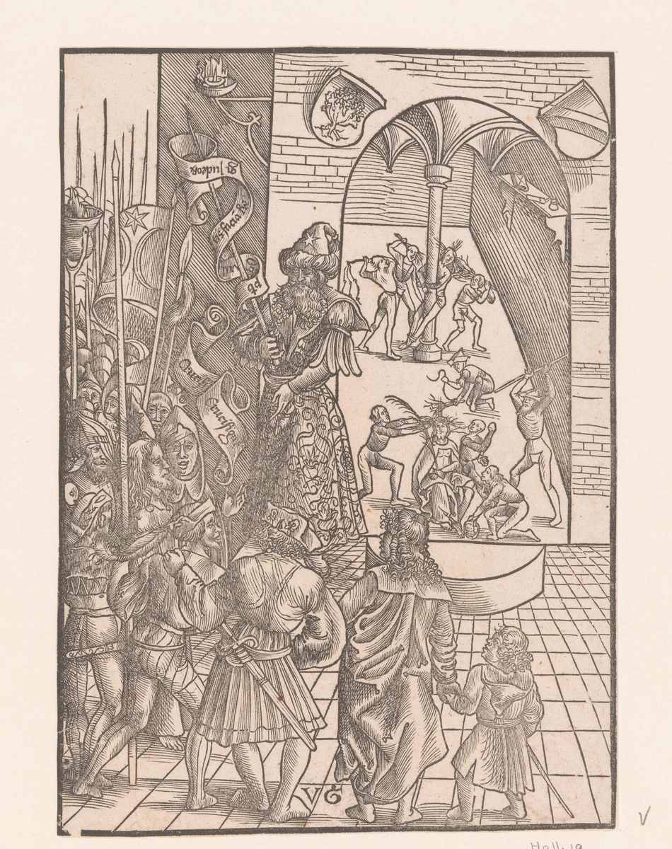 Keuze tussen Christus en Barabbas en de geseling van Christus by anonymous, print, 1506