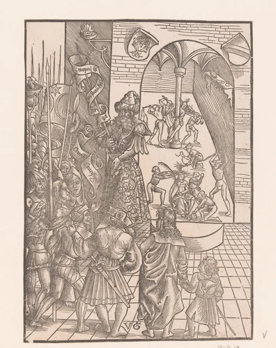 Keuze tussen Christus en Barabbas en de geseling van Christus by anonymous, print, 1506