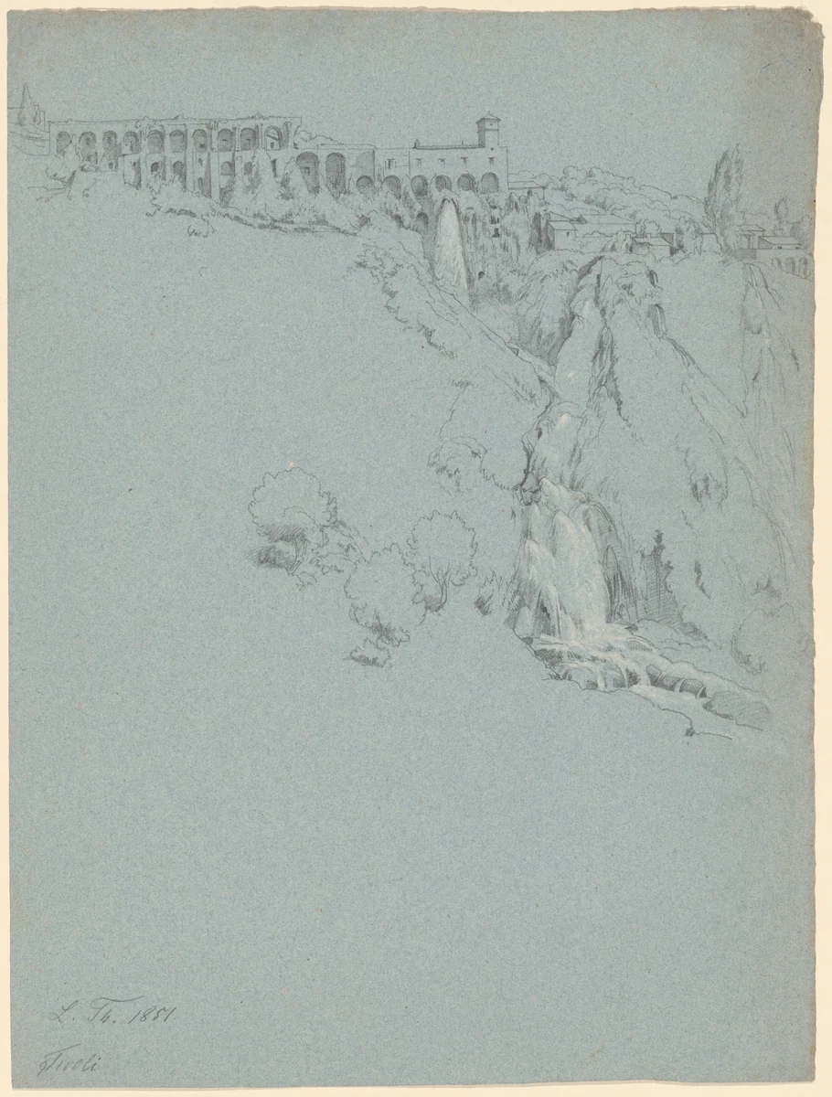 The Waterfall at Tivoli with the Villa of Maecenas by Ludwig Thiersch, drawing, 1851