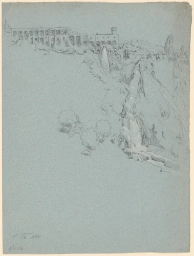 The Waterfall at Tivoli with the Villa of Maecenas by Ludwig Thiersch, drawing, 1851