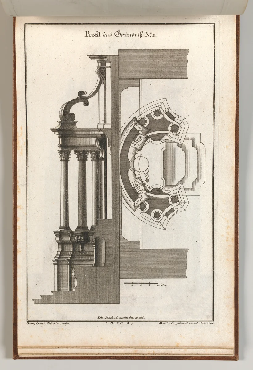 Floorplan and Side View of an Altar, Plate c (2) from 'Unterschiedliche Neu Inventierte Altäre mit darzu gehörigen Profillen u. Grundrißen.' by Georg Gottfried Winckler, book, 1745-1755