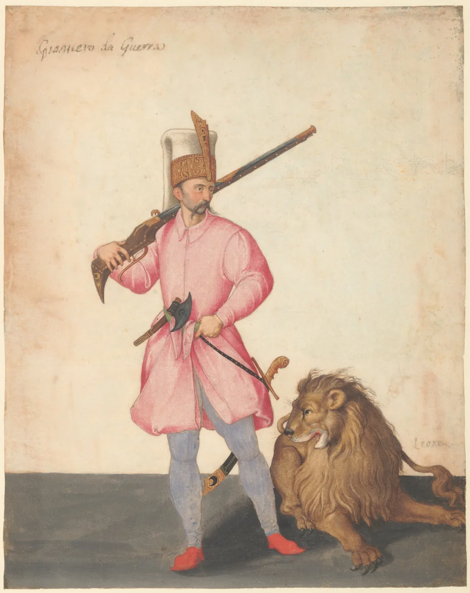 A Janissary "of War" with a Lion by Jacopo Ligozzi, drawing, 1572-1585