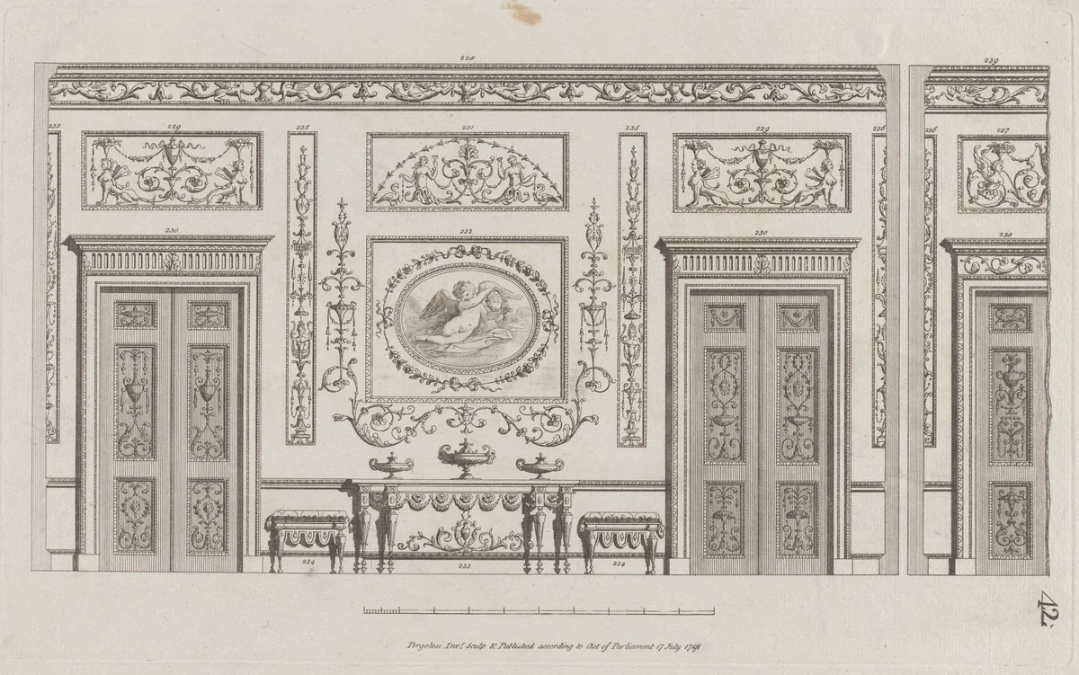 Interior Ornamented Wall with Doors, nos. 228–239, plate 42 from "Designs for Various Ornaments" by Michelangelo Pergolesi, print, 1791
