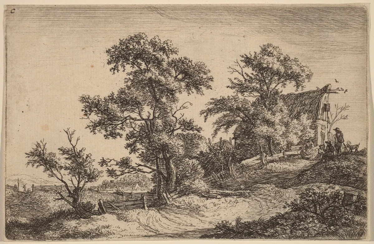 Cottage on a Hill by Anthonie Waterloo, print, 1609-1690