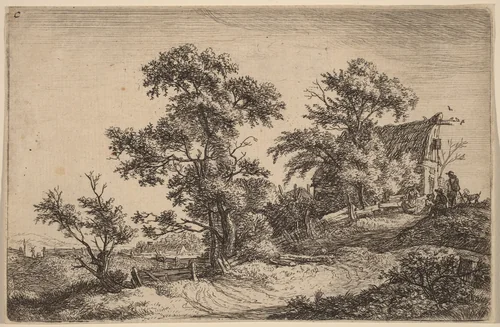 Cottage on a Hill by Anthonie Waterloo, print, 1609-1690