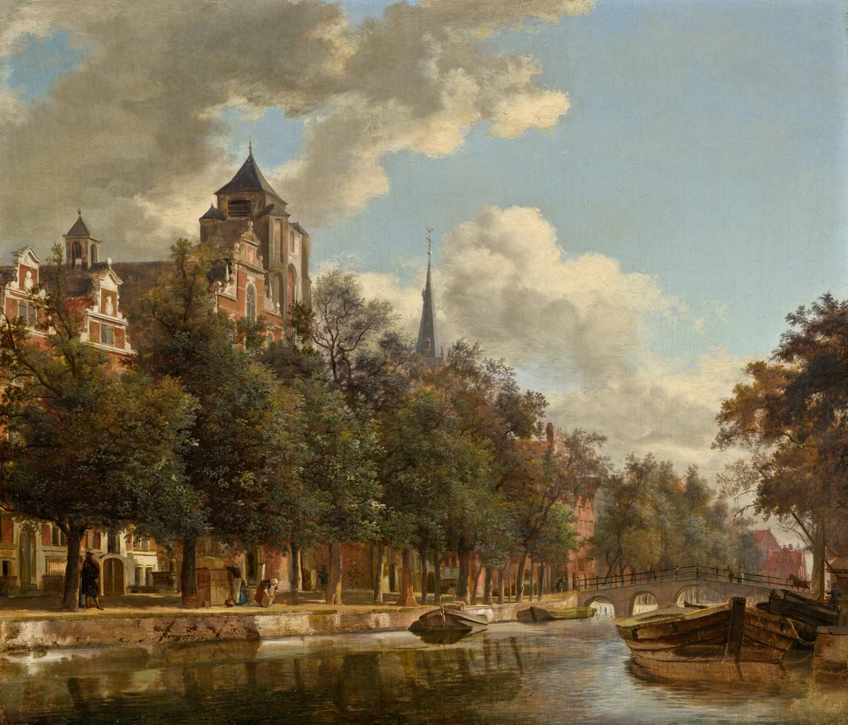 View Down a Dutch Canal by Jan van der Heyden, painting, 1670
