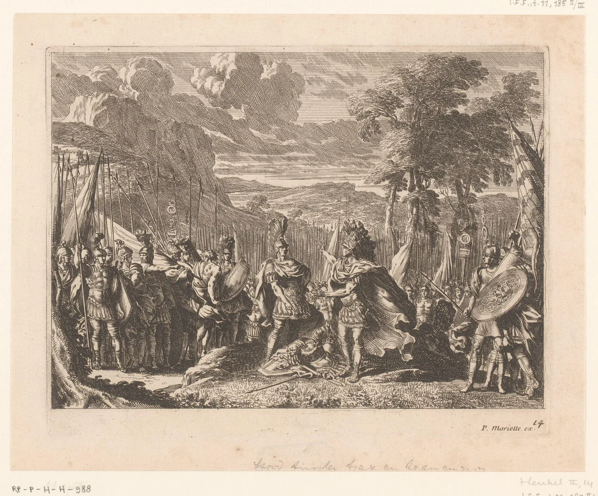 Ajax en Odysseus twisten om de wapens van Achilles by Jean Lepautre, print, 1628-1682
