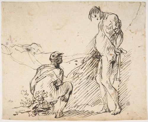 A Crouching Man Defecating and a Standing Man Urinating by Micco Spadaro, drawing, 1612-1675